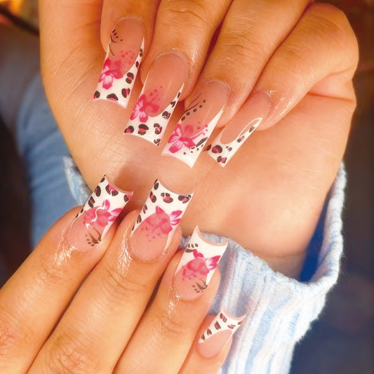 Floral Fantasy Long Square White Base with Pink Leopard Print Press on Nail Set