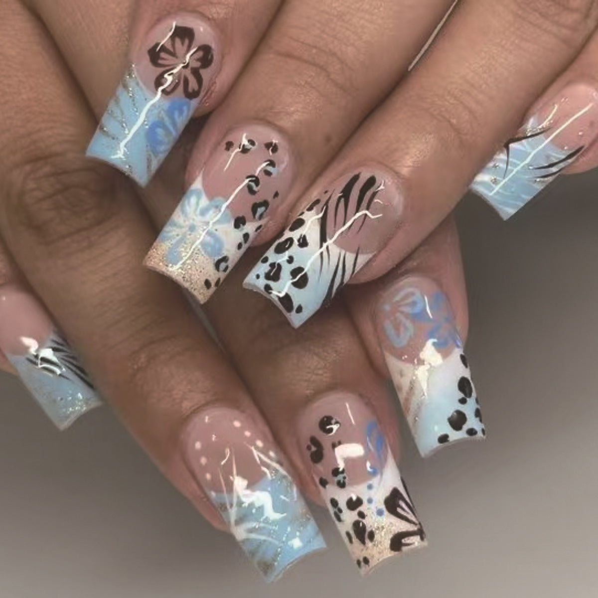 Tropical Paradise Long Square Sky Blue Nail Set with Floral Accents