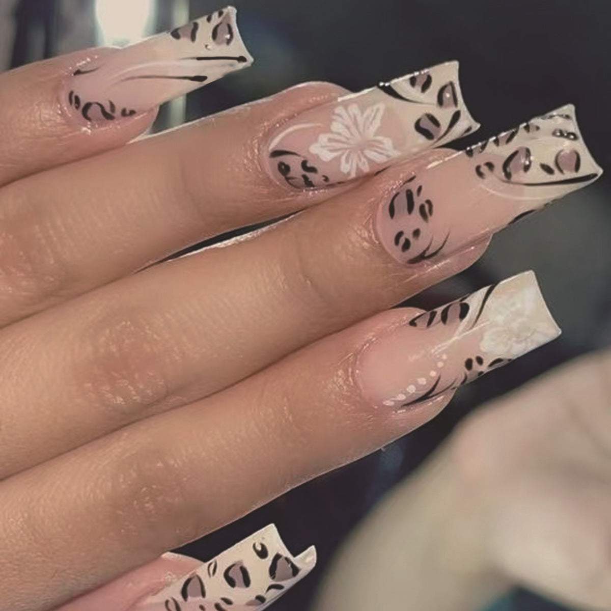 Stylish Safari Long Square Beige Floral and Animal Print Press On Nail Set