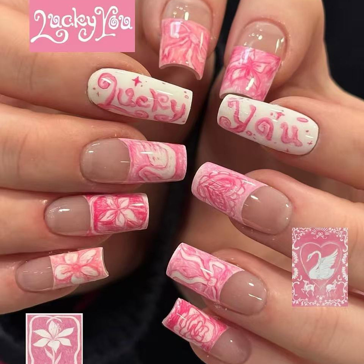 Enchanting Floral Design Long Square Pink Nail Set with Unique Artistic Patterns