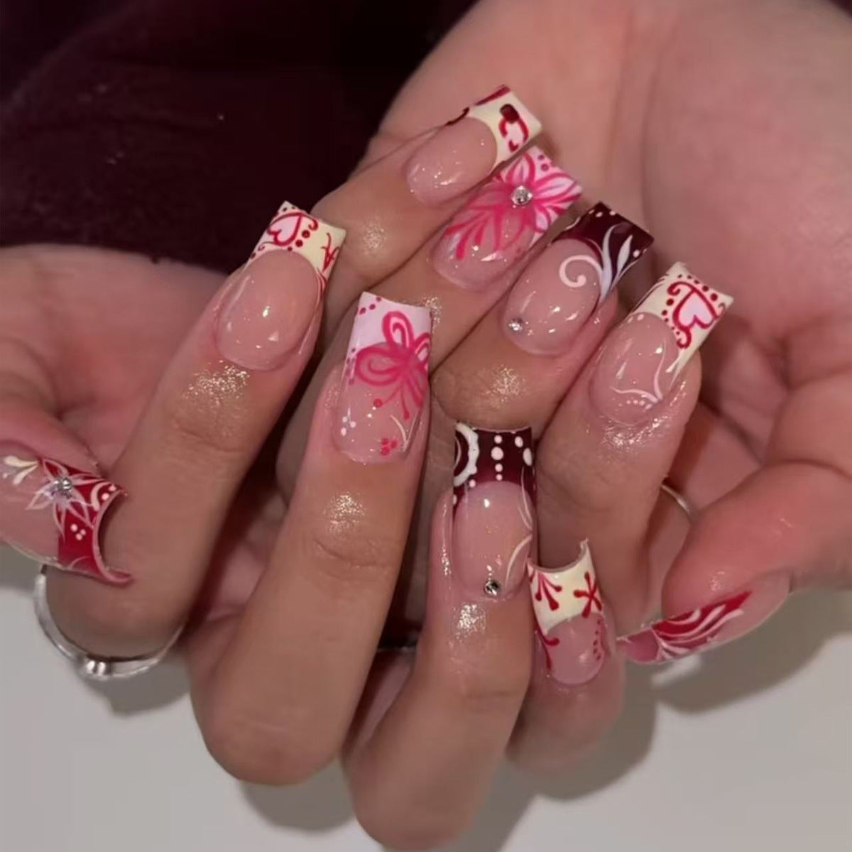Floral Fantasy Long Square Pink and Burgundy Press on Nail Set with Intricate Design