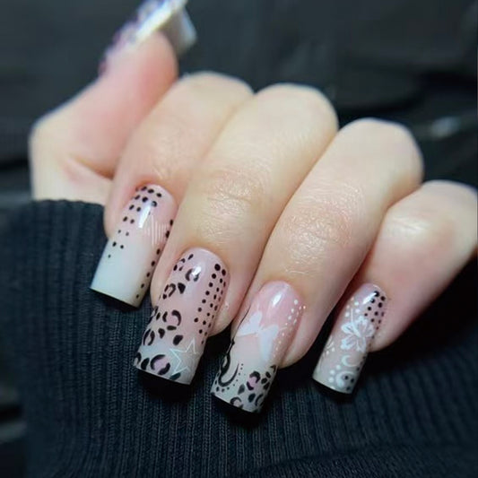 Wild Safari Long Square Ombre Press On Nail Set with Leopard Print Design
