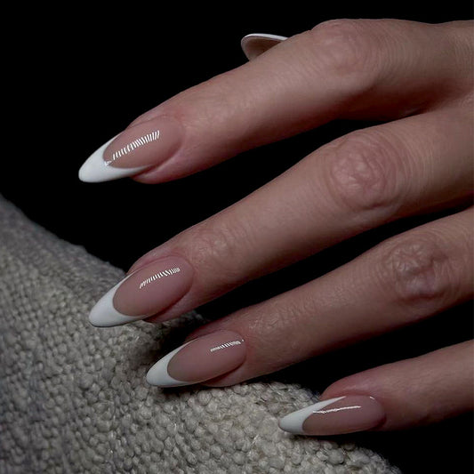 Elegant Soiree Medium Almond White Press On Nail Set with Minimalist Line Art Design