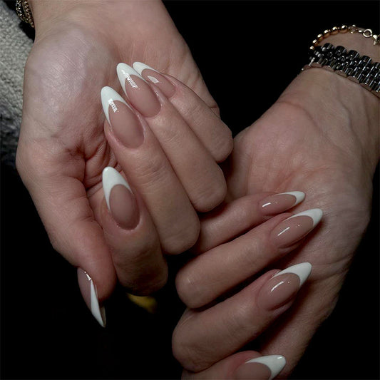 Elegant Affair Medium Almond Shape Two-tone Beige and White Press On Nail Set with Accent Swirl Design