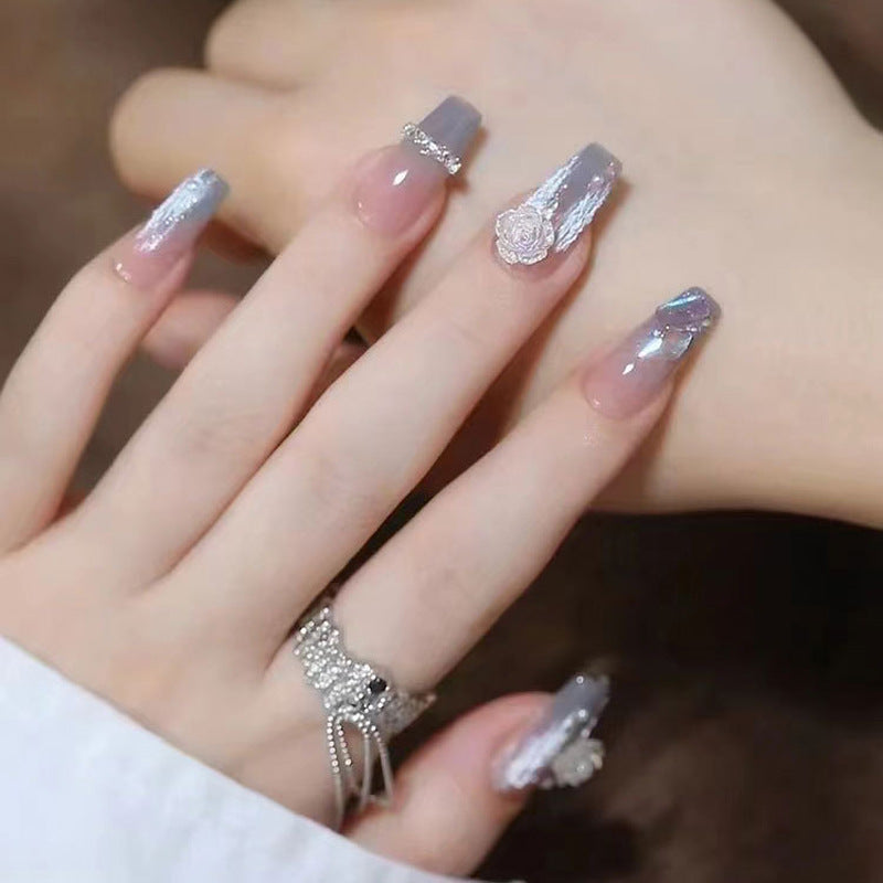 Dreamy Twilight Long Coffin Lavender Ombre with Floral Accent Nail Set