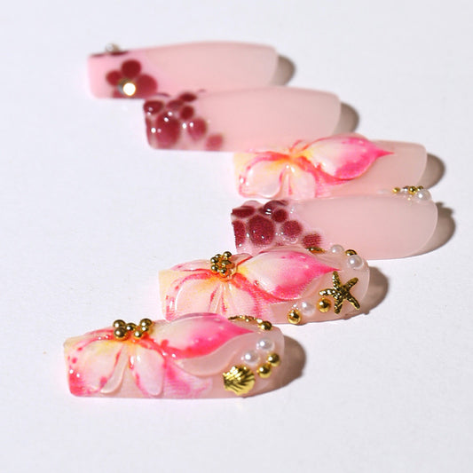 Blossom Elegance Long Coffin Pink Nails with Floral Design and Gold Accents