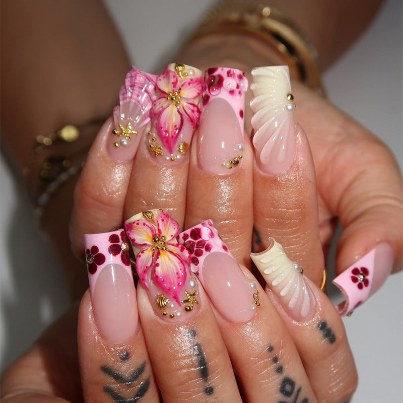 Tropical Blossom Long Square Pink Floral Nail Set with Unique Three-Dimensional Design