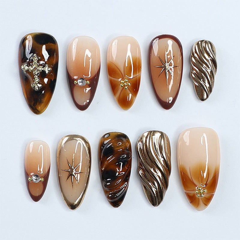 Glamorous Earthy Brown Short Stiletto Press On Nail Set with Unique Swirl Design