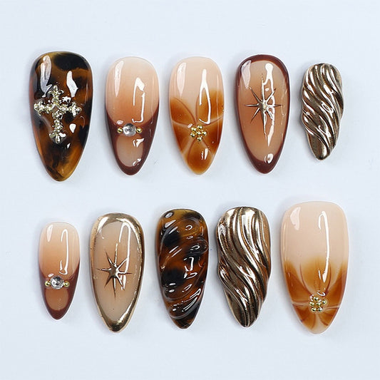 Glamorous Earthy Brown Short Stiletto Press On Nail Set with Unique Swirl Design