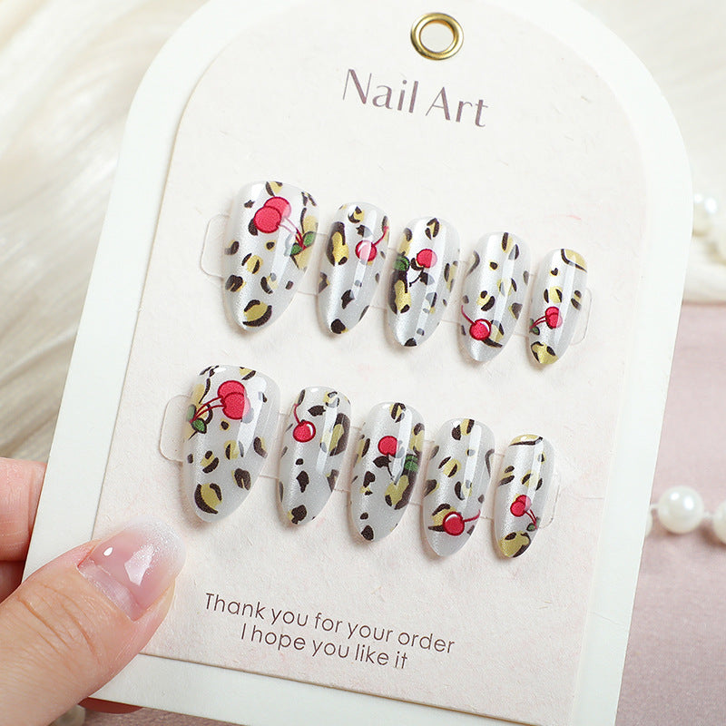 Chic Dessert Themed Medium Almond Clear with Colorful Cherry and Animal Print Nail Set