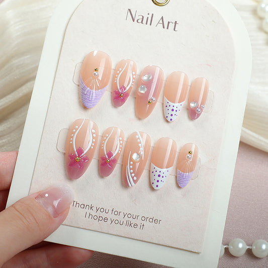 Whimsical Floral Short Almond Pink Gradient Press On Nail Set with Pearl Accents