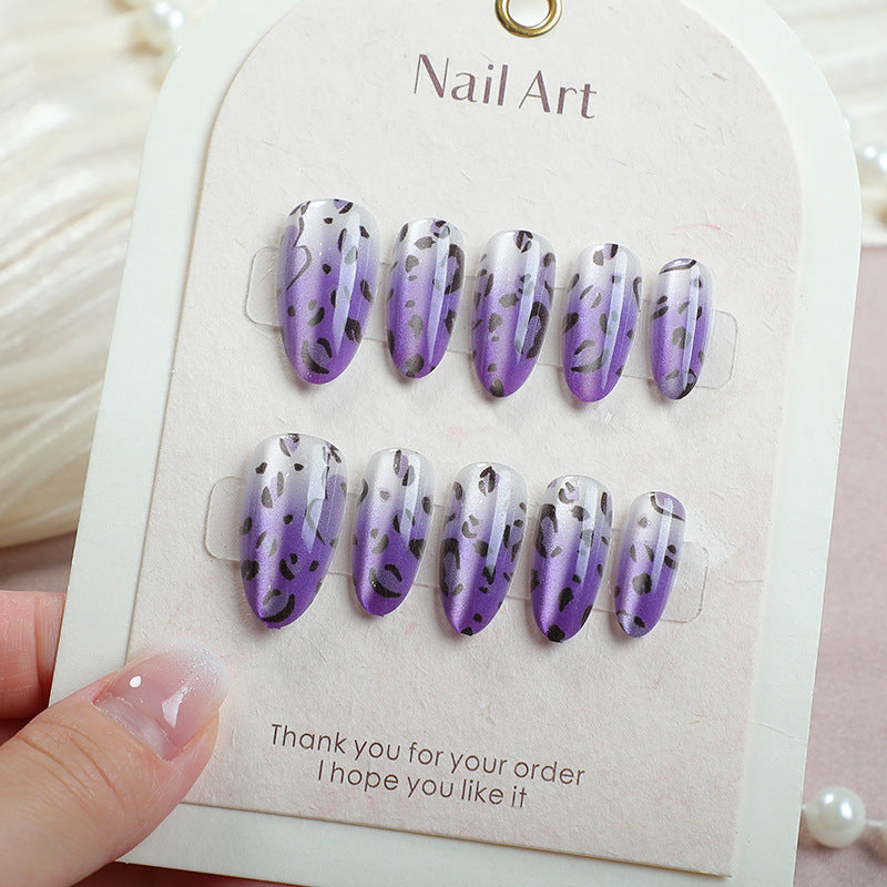 Wild Purple Medium Almond Press-On Nail Set with Elegant Leopard Print Design