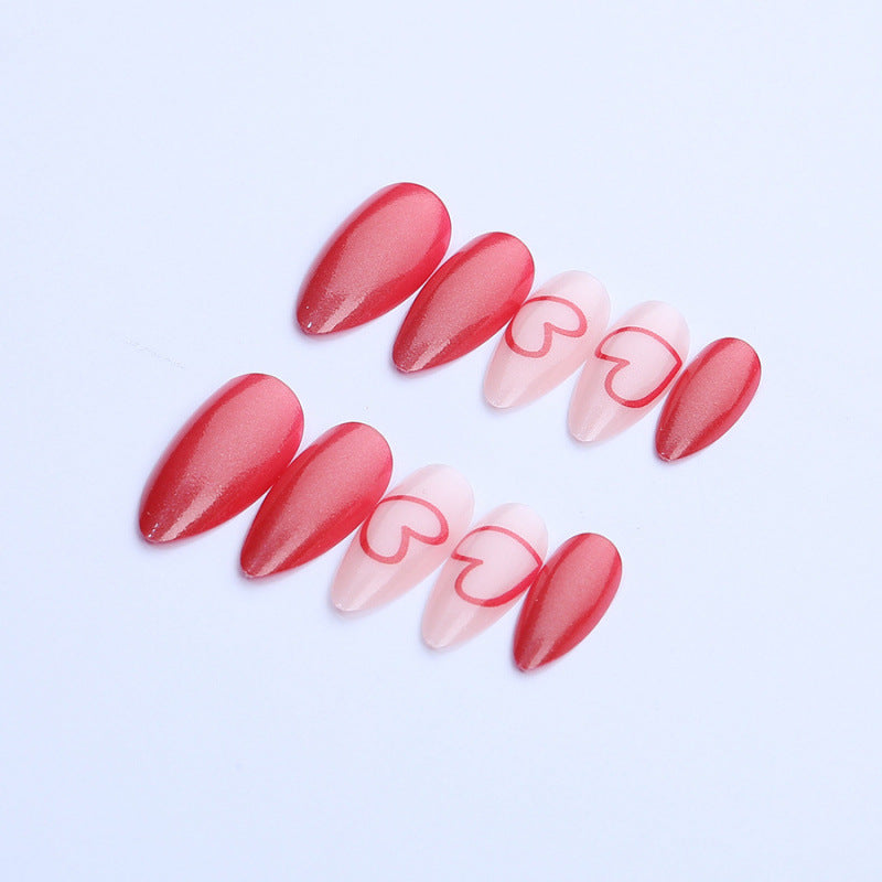 Romantic Charm Medium Almond Red Gradient Press on Nail Set with Heart Design
