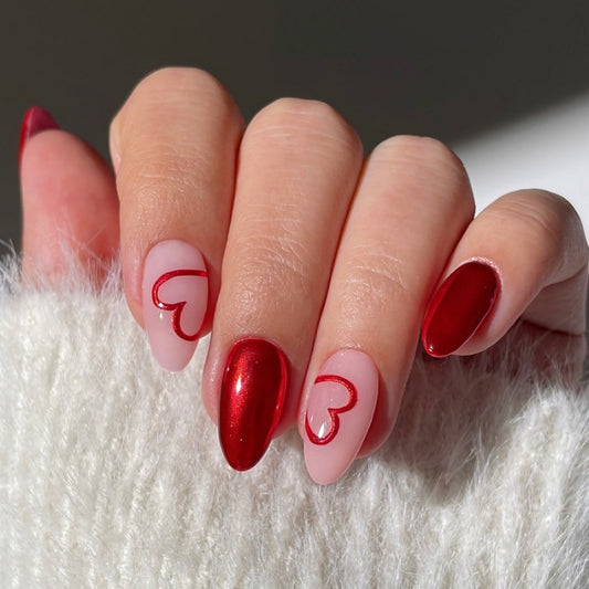 Romantic Short Almond Red Hearts Press-On Nail Set