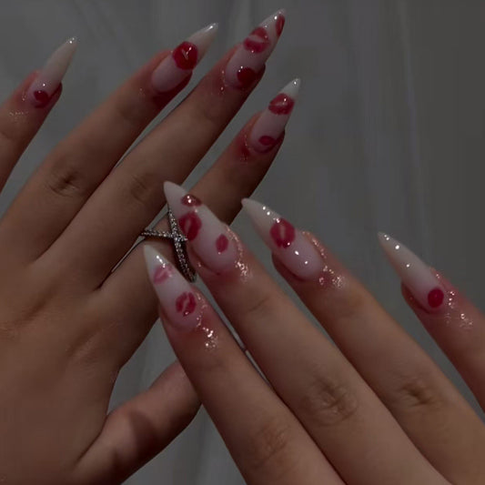Chic Romance Long Stiletto White with Red Glossy Heart Accents Press-On Nail Set