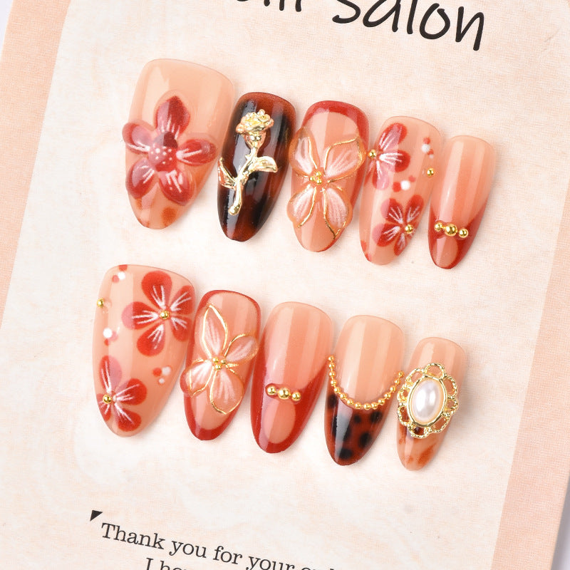 Blossoming Elegance Medium Almond Peach with Floral Accents Press-On Nail Set