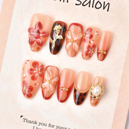 Blossoming Elegance Medium Almond Peach with Floral Accents Press-On Nail Set
