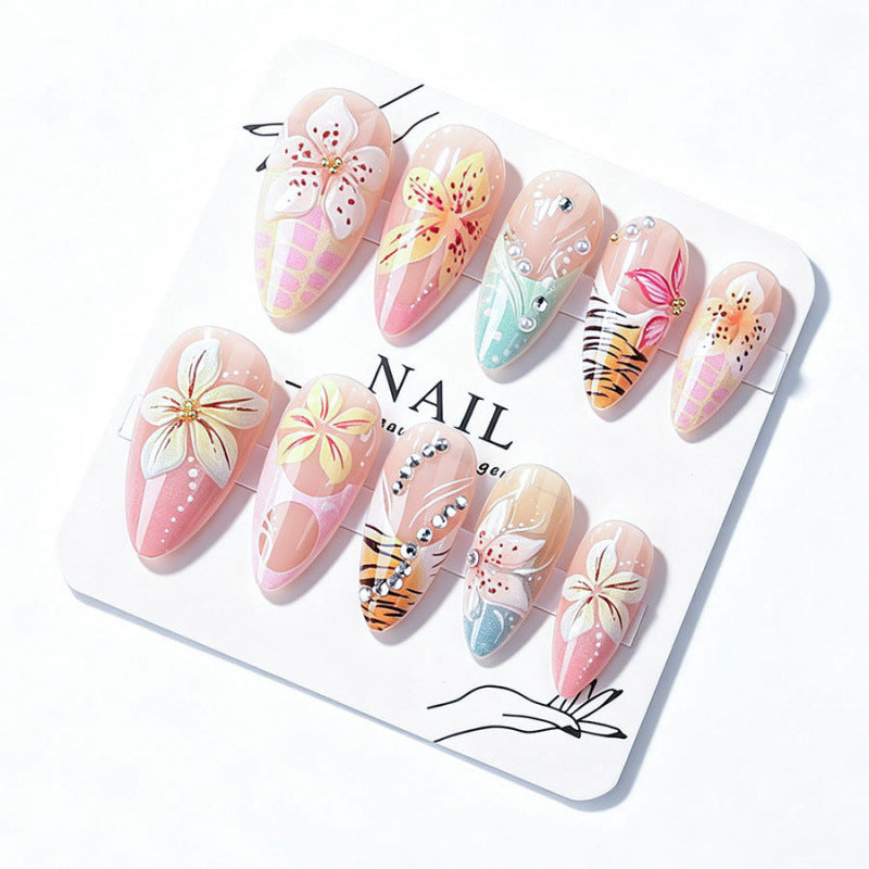 Tropical Bloom Medium Almond Pink Floral Press On Nail Set with Gem Accents