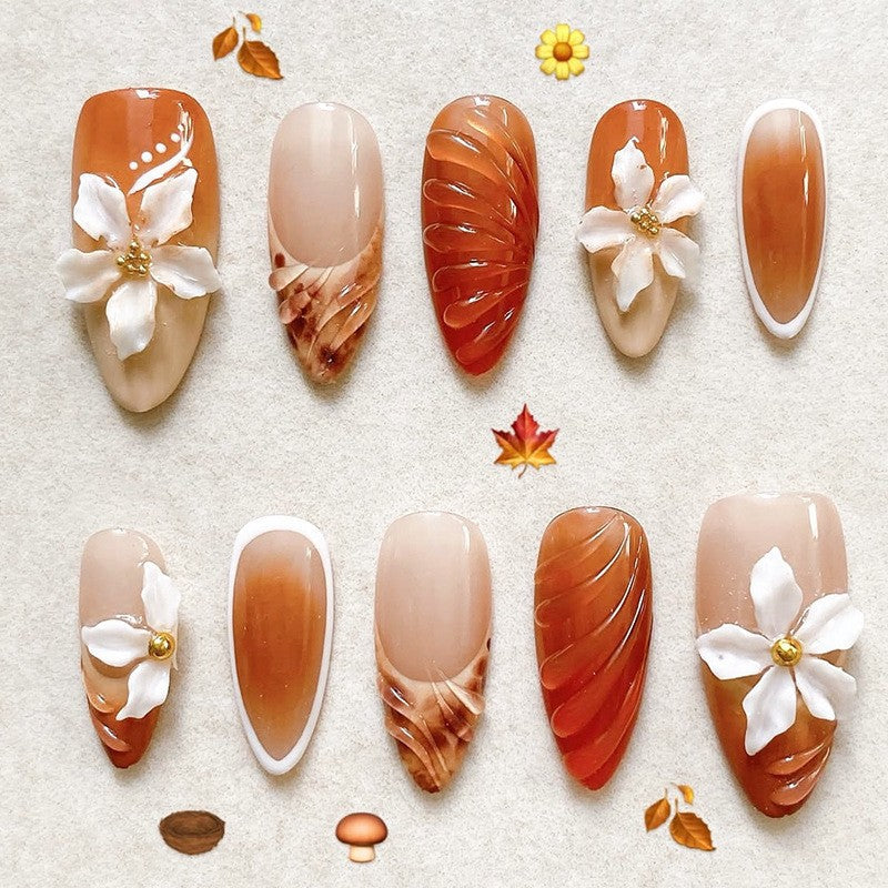 Autumn Elegance Long Almond Amber Floral Press-On Nail Set
