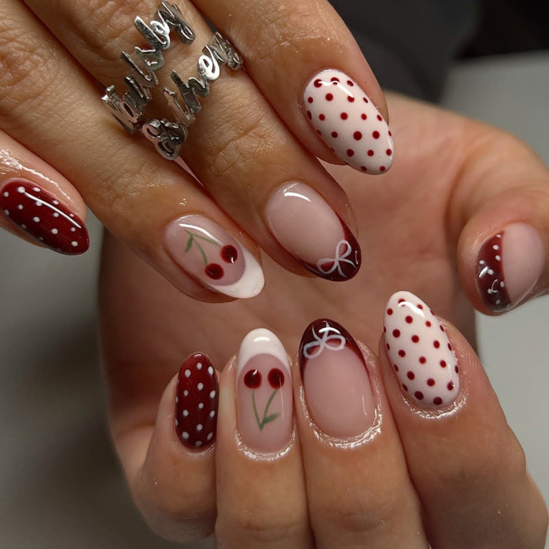 Cherry Blossom Medium Almond Burgundy with Cute Polka Dot and Cherry Design Press On Nail Set
