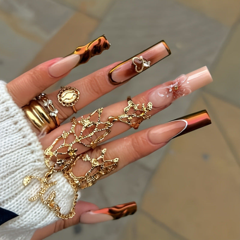 Elegant Gold Fantasy Long Square Brown Ombre Press On Nail Set with Floral Accent