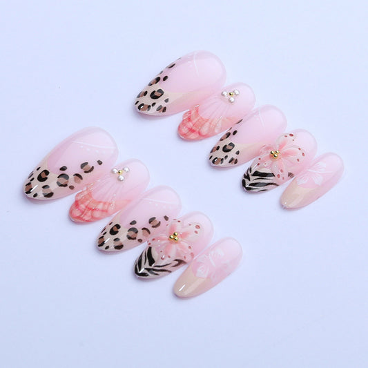 Wildflower Charm Short Almond Pink with Exotic Prints and Floral Accents Nail Set