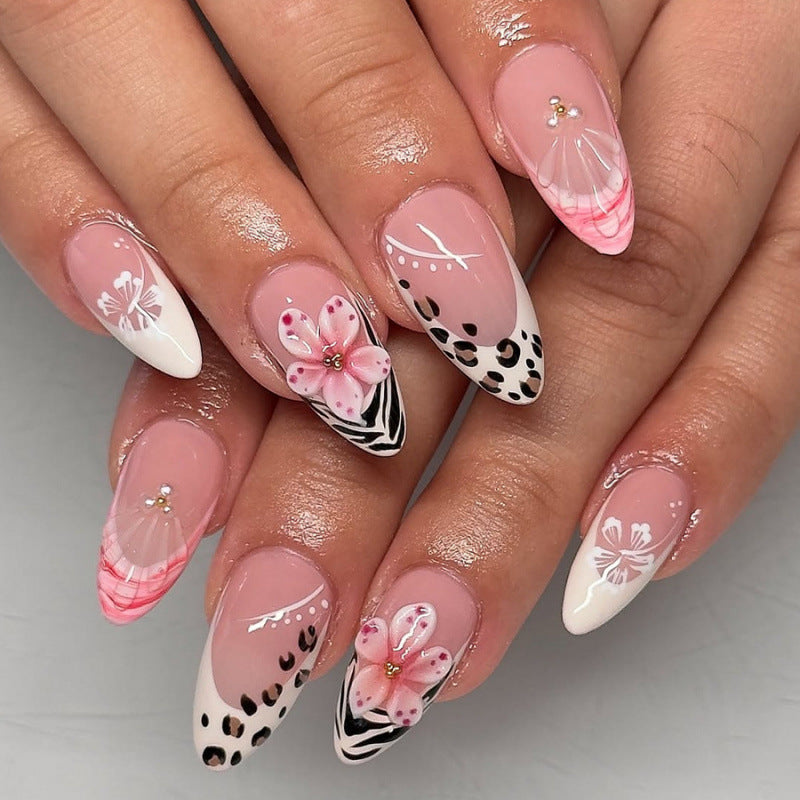 Charming Floral Short Stiletto Pink Gradient Press On Nail Set with Artistic Designs