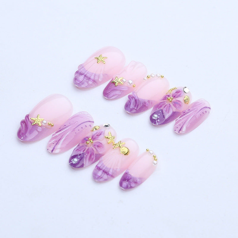 Dreamy Floral Medium Almond Purple Design with Glittering Accents Press On Nail Set