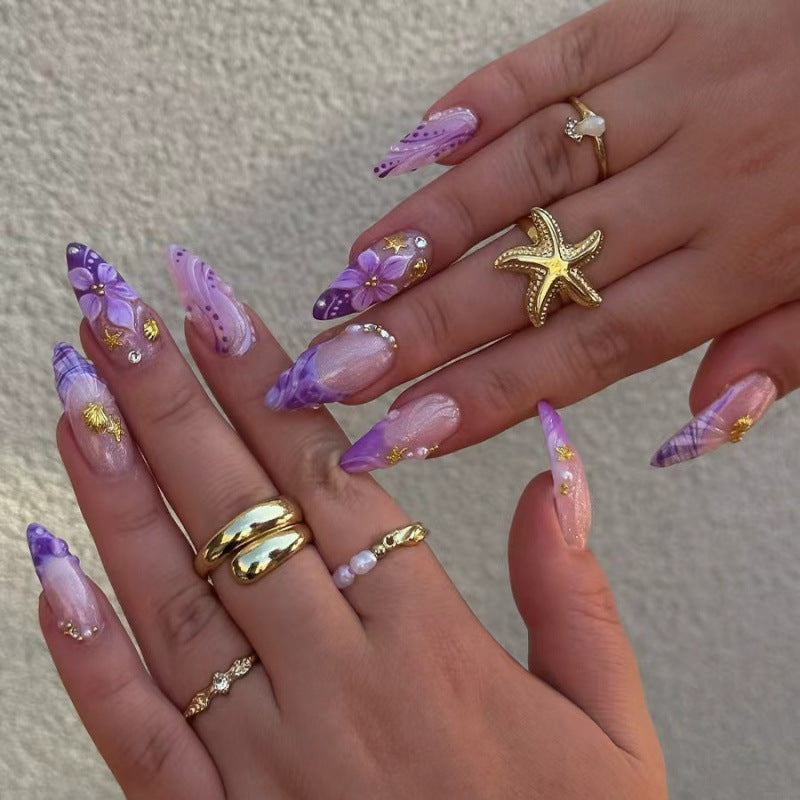 Whimsical Lavender Dreams Long Stiletto Purple Nails with Floral Accents
