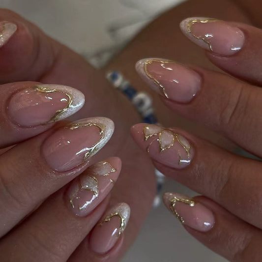Elegant Garden Short Almond Soft Pink with Golden Accents Press On Nail Set