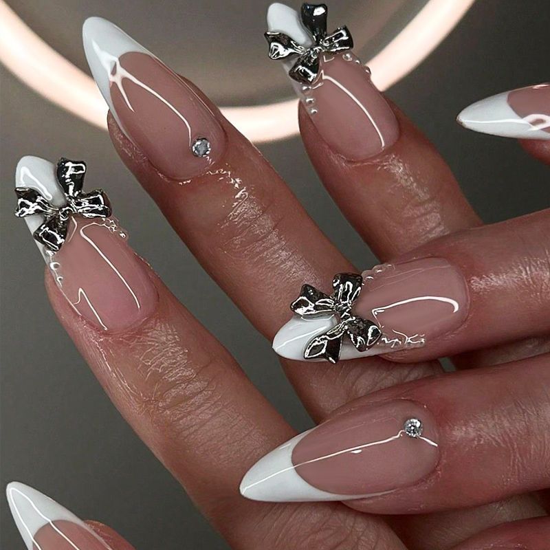 Elegant Charm Long Almond White with Silver Bow Press On Nail Set