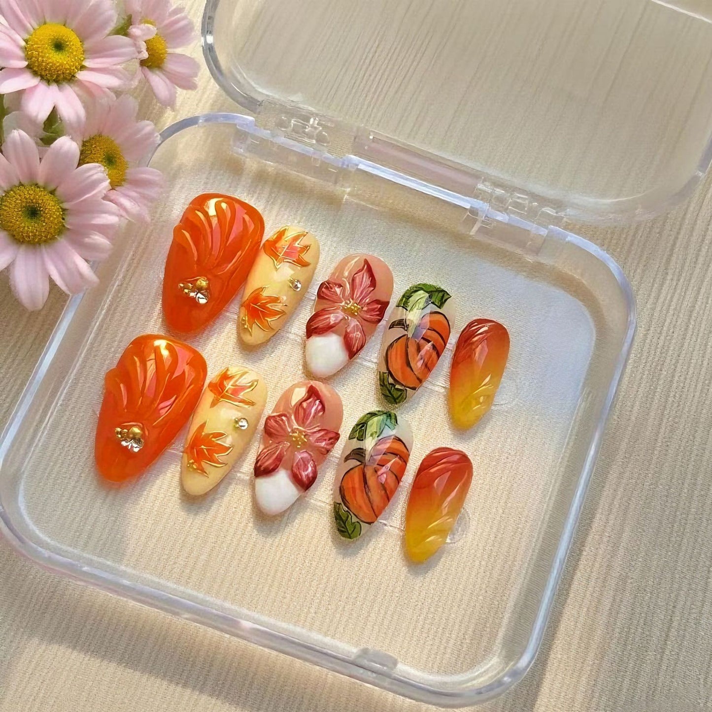 Autumn Vibes Short Almond Orange Floral Press-On Nail Set with Glitter Accents