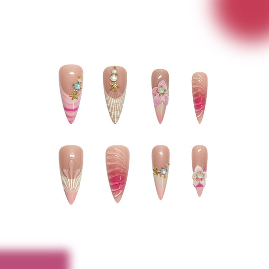 Dreamy Floral Fantasy Long Almond Gradient Pink Press-On Nail Set with Elegant Gemstone Accents