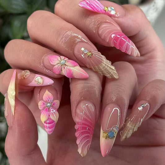 Blossoming Elegance Long Stiletto Pink Ombre Press-On Nail Set with Floral Designs and Gem Accents