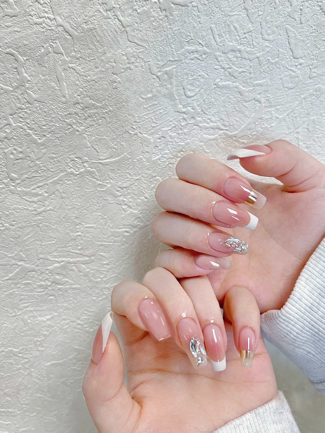 Elegant Bridal Long Coffin Pink Press On Nail Set with Rhinestone Accents and Glitter Detail