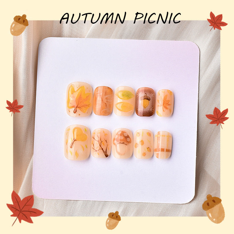 Autumn Picnic Short Square Warm Tones with Leaf Print Press On Nail Set