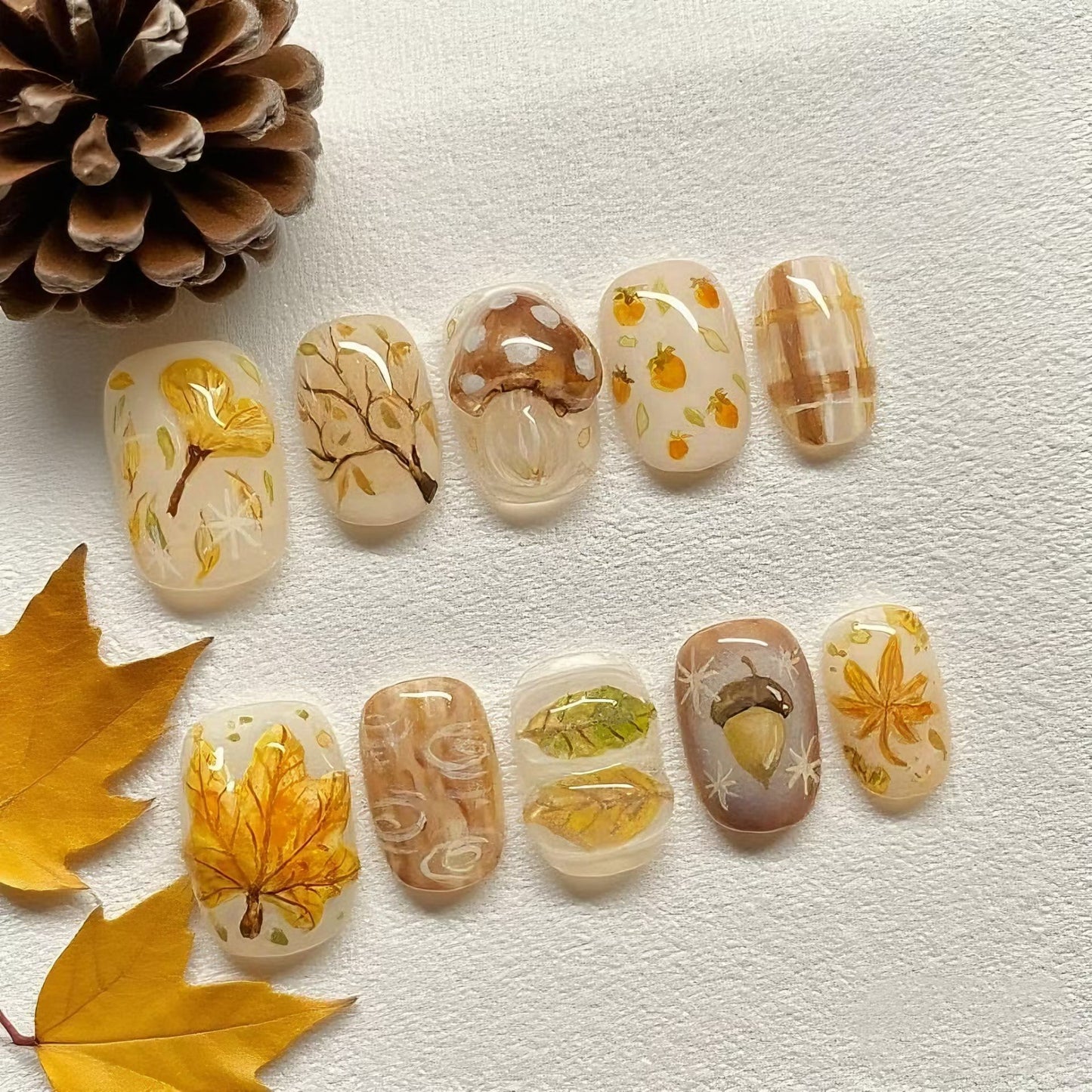 Autumn Elegance Short Square Beige with Nature-Inspired Designs Press-On Nail Set