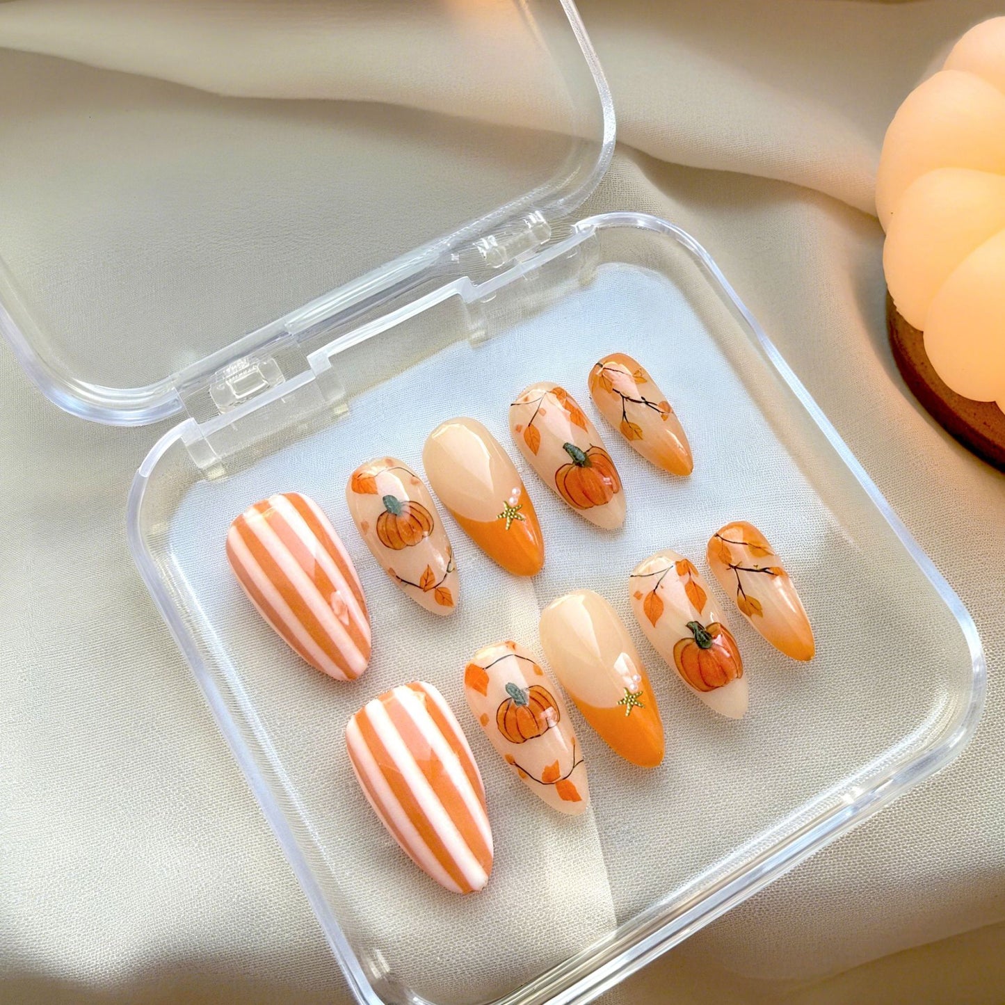 Autumn Harvest Medium Almond Orange with Pumpkin Design Press On Nail Set