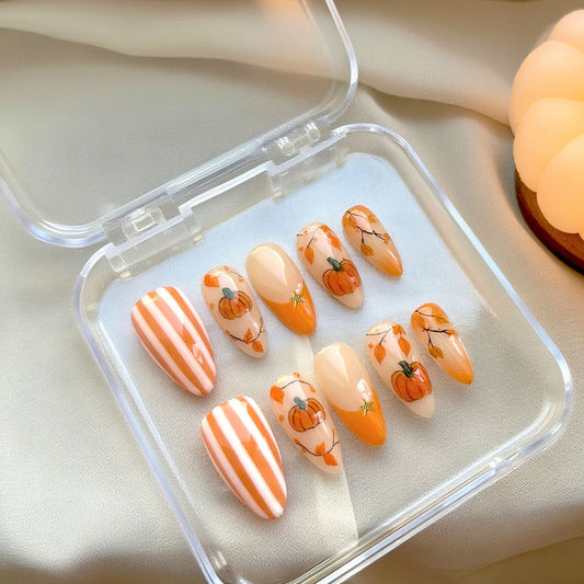Autumn Harvest Medium Almond Orange with Pumpkin Design Press On Nail Set