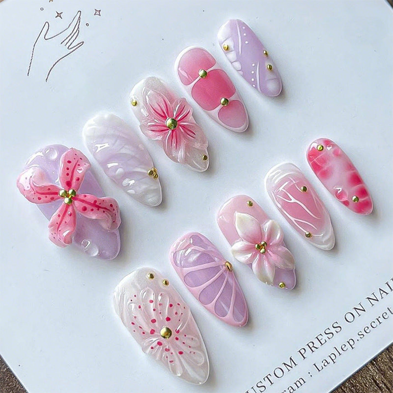 Dreamy Floral Press On Nail Set Medium Almond Pink with Shimmering Gold Accents