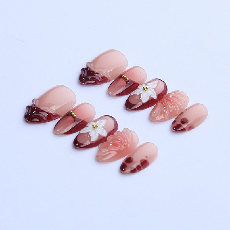 Elegant Floral Fantasy Medium Almond Rose Gold Accents Press On Nail Set