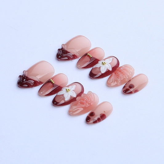 Elegant Floral Fantasy Medium Almond Rose Gold Accents Press On Nail Set