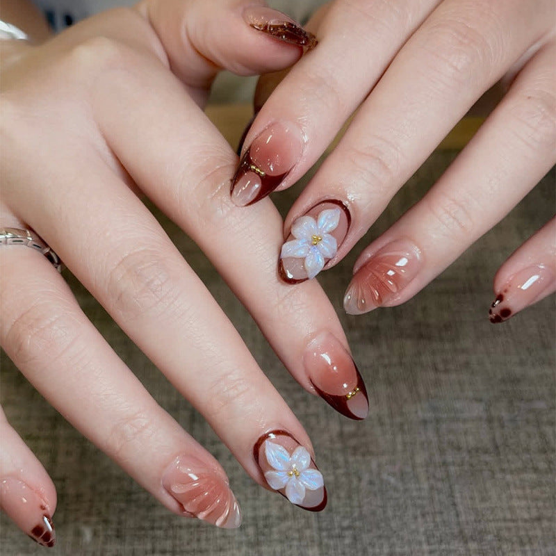 Chic Floral Fantasy Medium Almond Brown and Clear Press On Nail Set with Elegant Petal Design