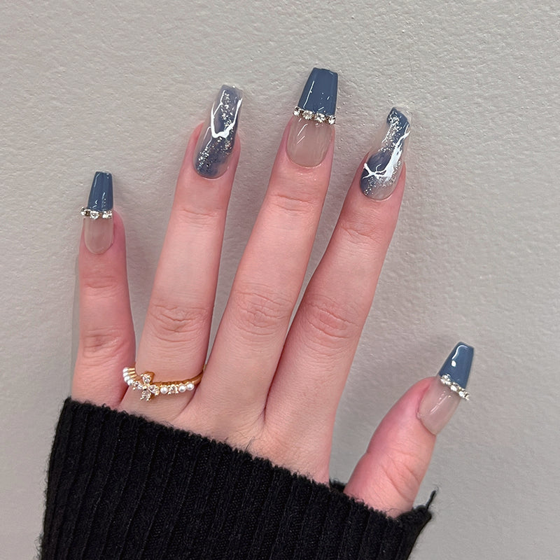 Elegant Evening Long Coffin Navy and Glitter Accented Press On Nail Set with Gold Embellishments