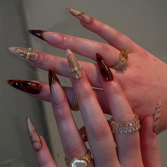 Glamorous Autumn Stiletto Long Brown Gradient with Elegant Gold Accents Press On Nail Set