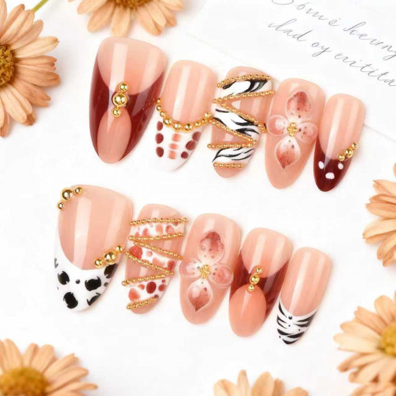 Chic Floral Elegance Medium Almond Peach with Charming Gold Accents and Artistic Designs