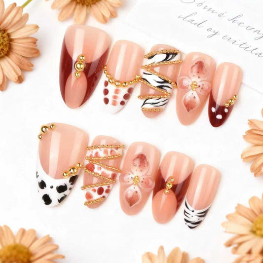Chic Floral Elegance Medium Almond Peach with Charming Gold Accents and Artistic Designs