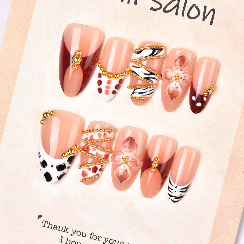 Glamorous Floral Design Medium Almond Beige with Stunning Gold Accents Press On Nail Set