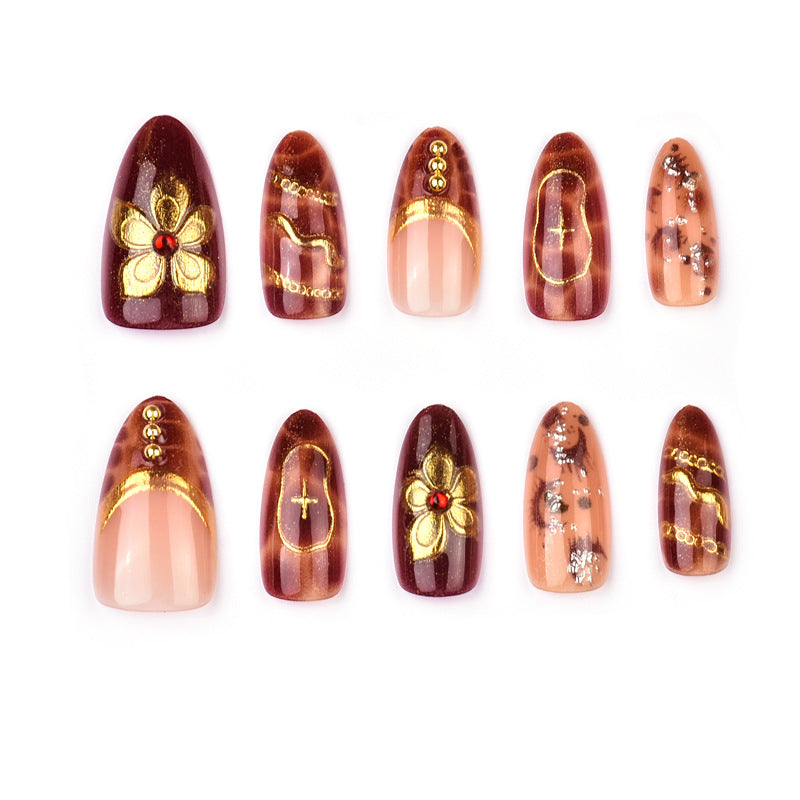 Elegant Autumn Vibes Short Almond Burgundy with Luxe Gold Accents Nail Set