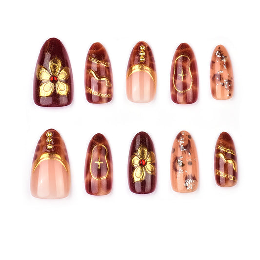 Elegant Autumn Vibes Short Almond Burgundy with Luxe Gold Accents Nail Set